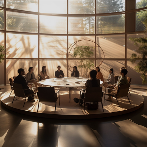 Photo of people sitting around the round table inside of a spaceous room